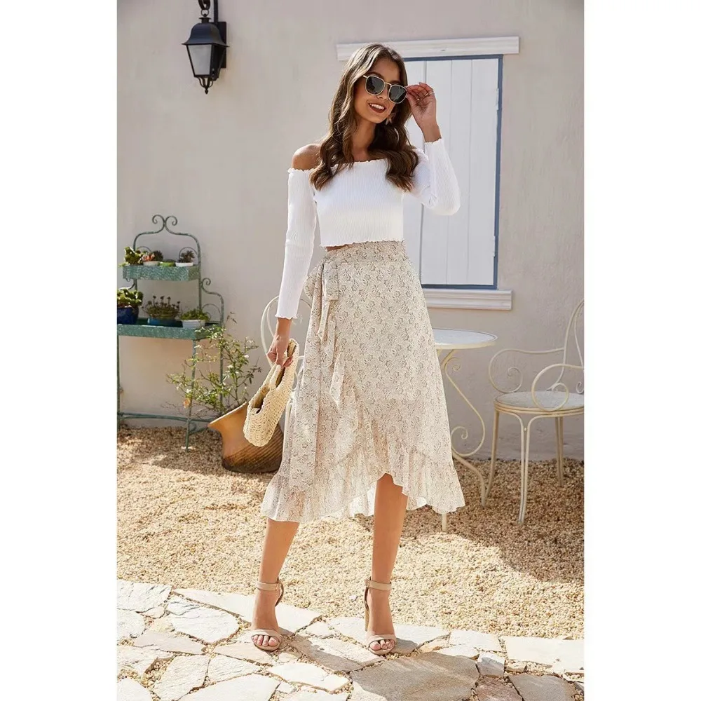 Summer Printed Long Skirts Women Vintage Bohemia Style High Waist Lace Up Skirts Fashion Female Ruffle Split One Piece Skirts