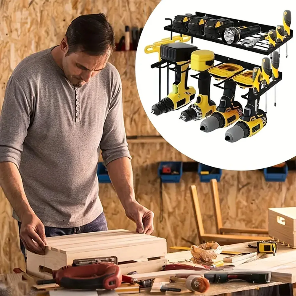 Power Tool Wall Mount Holder Space-Saving Drill Holder Battery Slot Heavy Duty Metal Tool Shelf Workshop Screwdriver Storage
