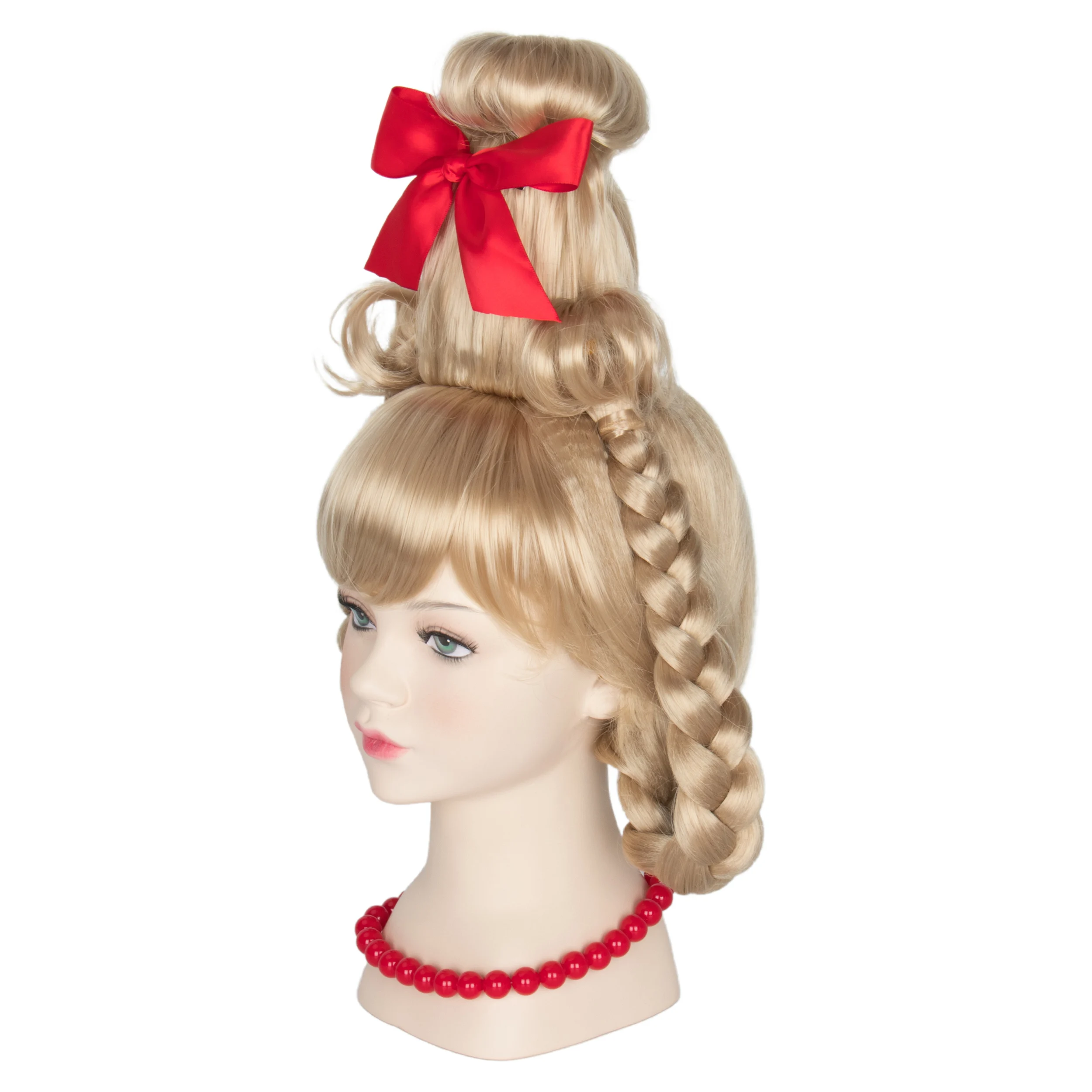 Miss U Hair Christmas Girl Wigs Long Blonde Braid Who Wig for Kids Children with Red Necklace and Ribbon Bow