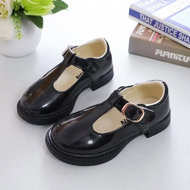 Children Leather Shoes for School Party Black White Girls Dress Shoes Kids Leather Flats T-strap Simple Classic Buckle 26-36 New