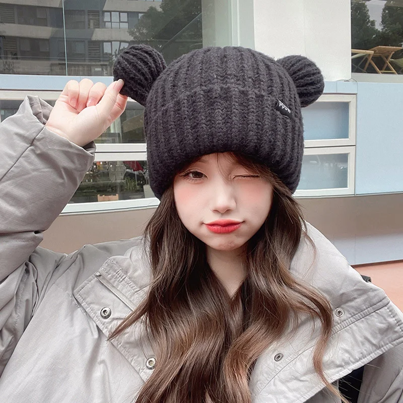 

Hats Beanie Hat Bonnet Ski Mask Hats for Women Bear Ear Cute Winter Women's Hat Solid Balck White Warm Thick шапка женская шапка