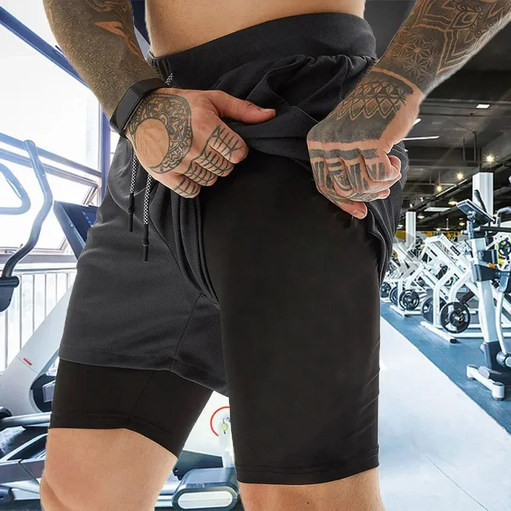 Men's Fitness Workout Shorts 2-in-1 Compression Shorts Quick Dry Breathable Running Double-layer with Towel Pocket Short Pants 5