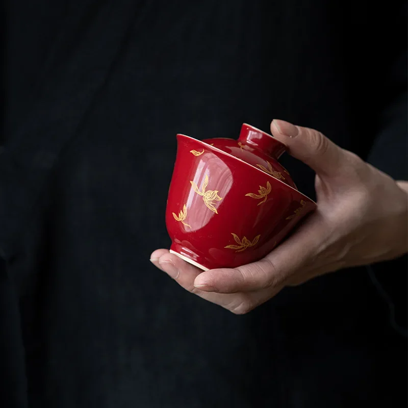 Lang Hong Gilded Gaiwan Chinese Style Red Autumn Orchid Gilded Decal Cover Bowl Kungfu Small Tea Making Bowl