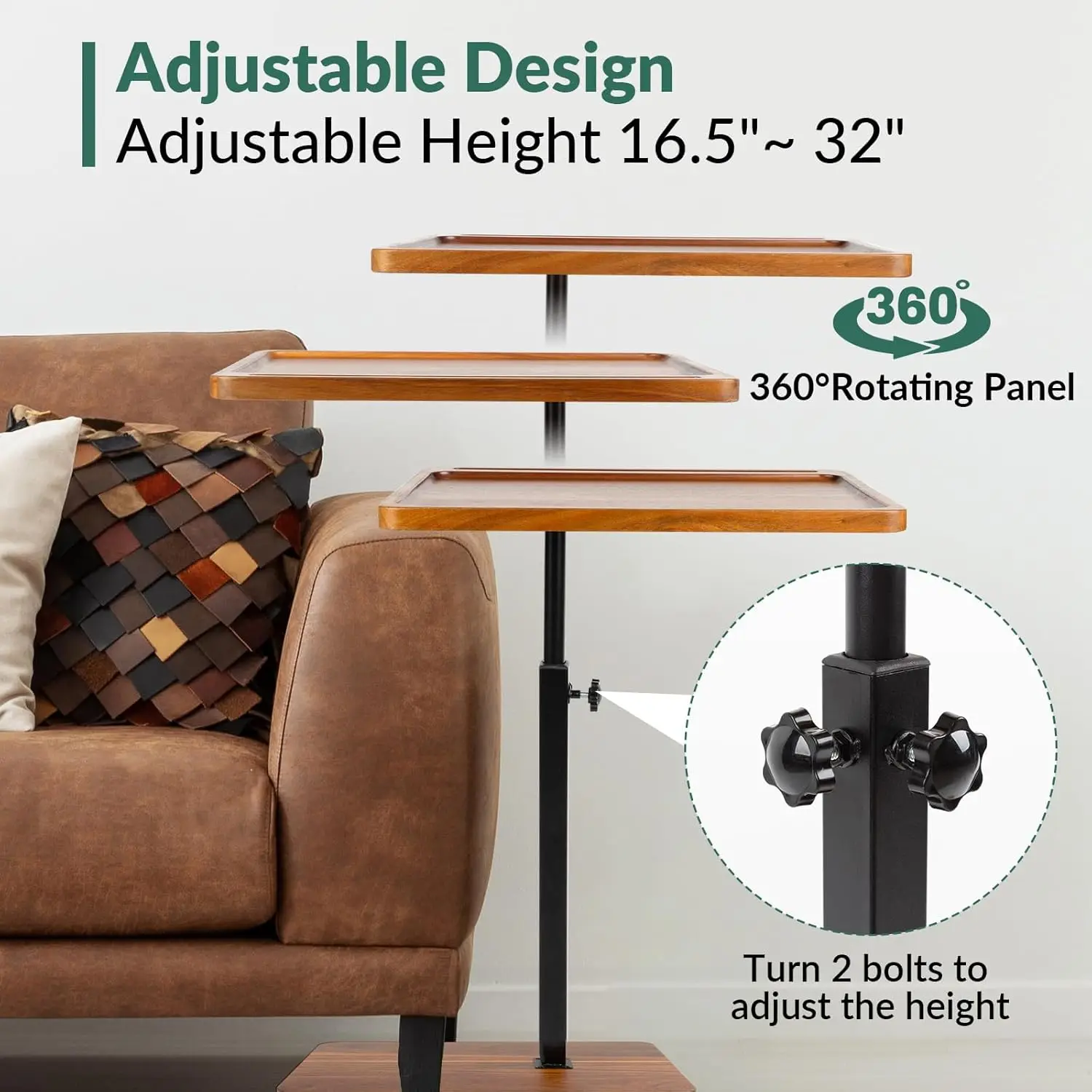 360° Swivel Height Adjustable TV Tray with Phone & Tablet Slot,Snack Side Table End Table for Small Spaces, Bed or Chair 4