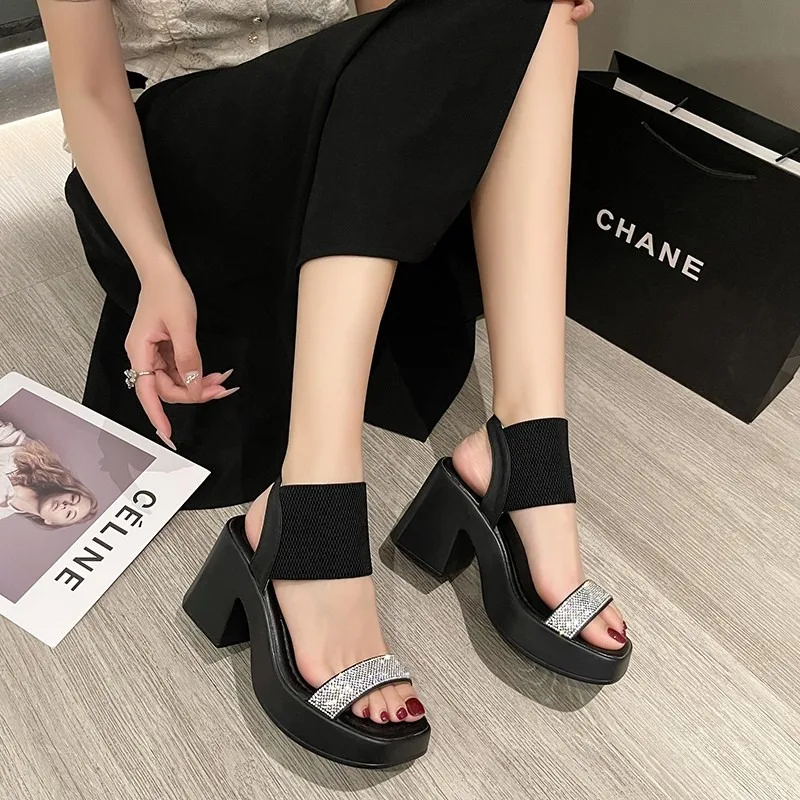 

Summer Fad High Heels Shoes Women Sandals Chunky Platform Pumps New Slides Knitting Dress Thick Slingback Women Slippers