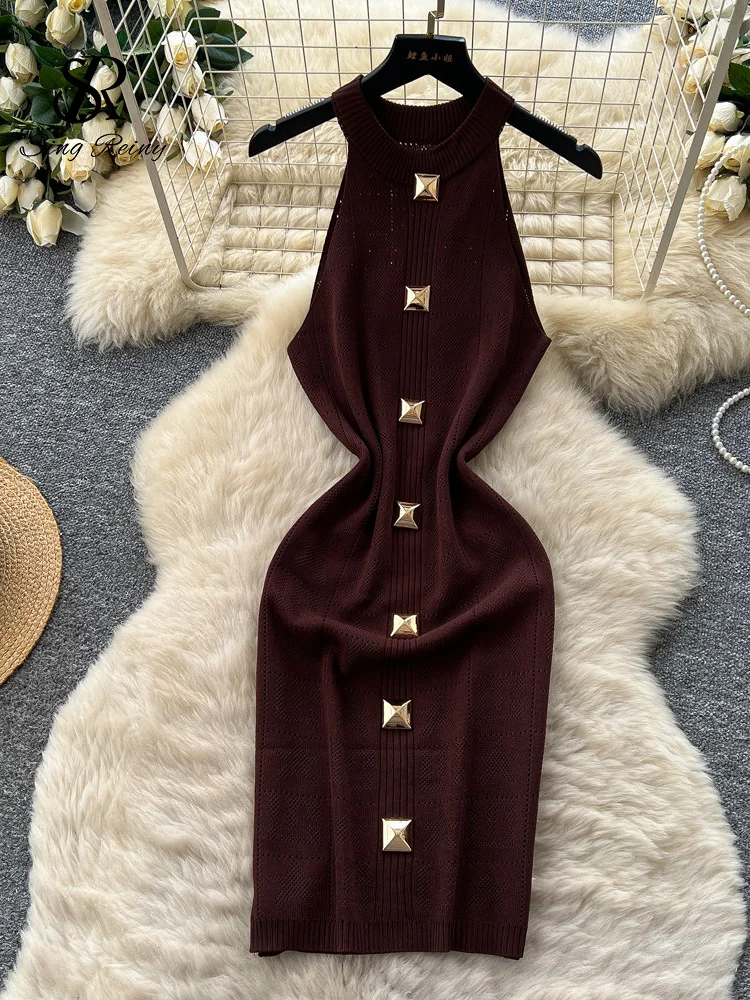 SINGREINY Sleeveless Workwear Knitting Dress Fashion Halter Metal Button Plaid Casual Classy Summer Bodycon Elastic Ladies Dress 5