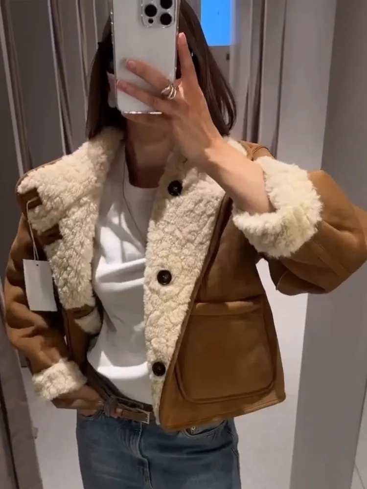 HH 2025 Autumn Winter Women Double Sided Coats Vintage Long Sleeve Faux Lamb Wool Jacket Fashion High Street Lady Chic Outwear