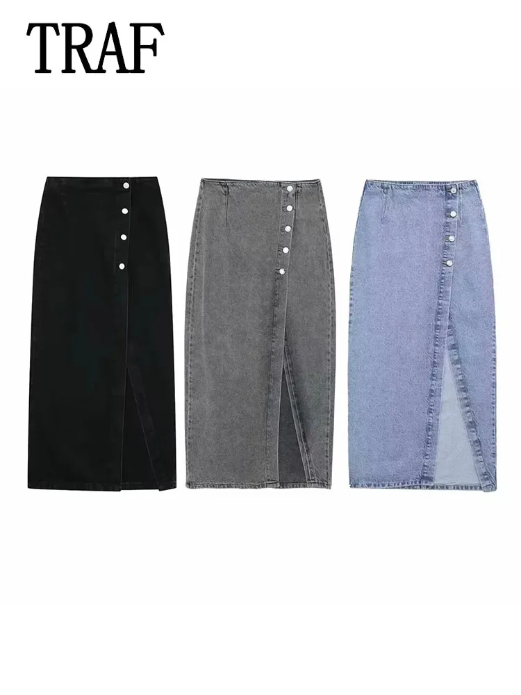 

TRAF Spring Denim Skirt Women 3-Color Midi Skirts for Women Blue Cargo Long Skirt Woman Streetwear Slit Jeans Women's Skirts ﻿