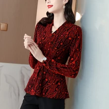 

Vintage Women's Shirt Printing Floral Tops for Women Long Sleeve Top Red V-neck Waist Down Clothing Female 2022 Basic Blouses OL