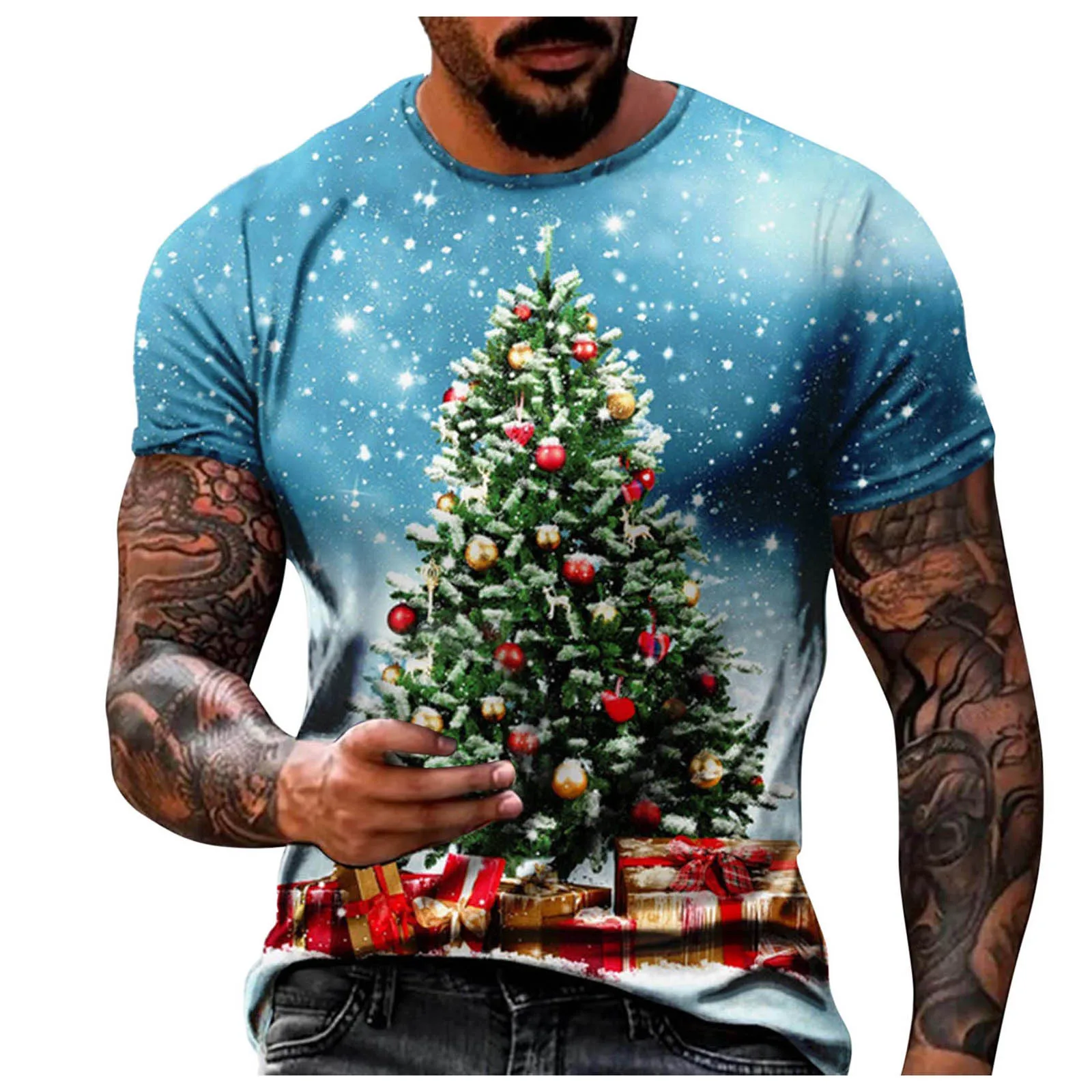 

Christmas Tree Print T Shirt Mens Round Neck Short Sleeve Fitness Tshirt Harajuku Stylish Chic Xmas Sports Jogger Tee T-Shirts