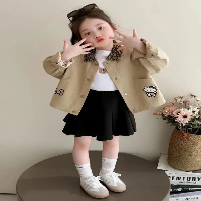 산리오 헬로 키티 트렌치 코트 재킷 부드러운 면 소재 여아 및 용 봄 가을 캐주얼웨어 한국 패션 스타일 아우터웨어