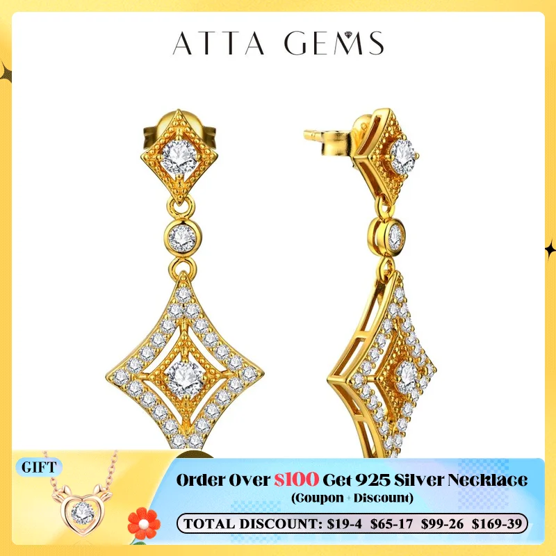 

ATTAGEMS Luxurly D Color VVS1 Brilliant Moissanite Earrings for Women 925 Sterling Silver Yellow Gold Plated Anniversary Jewelry