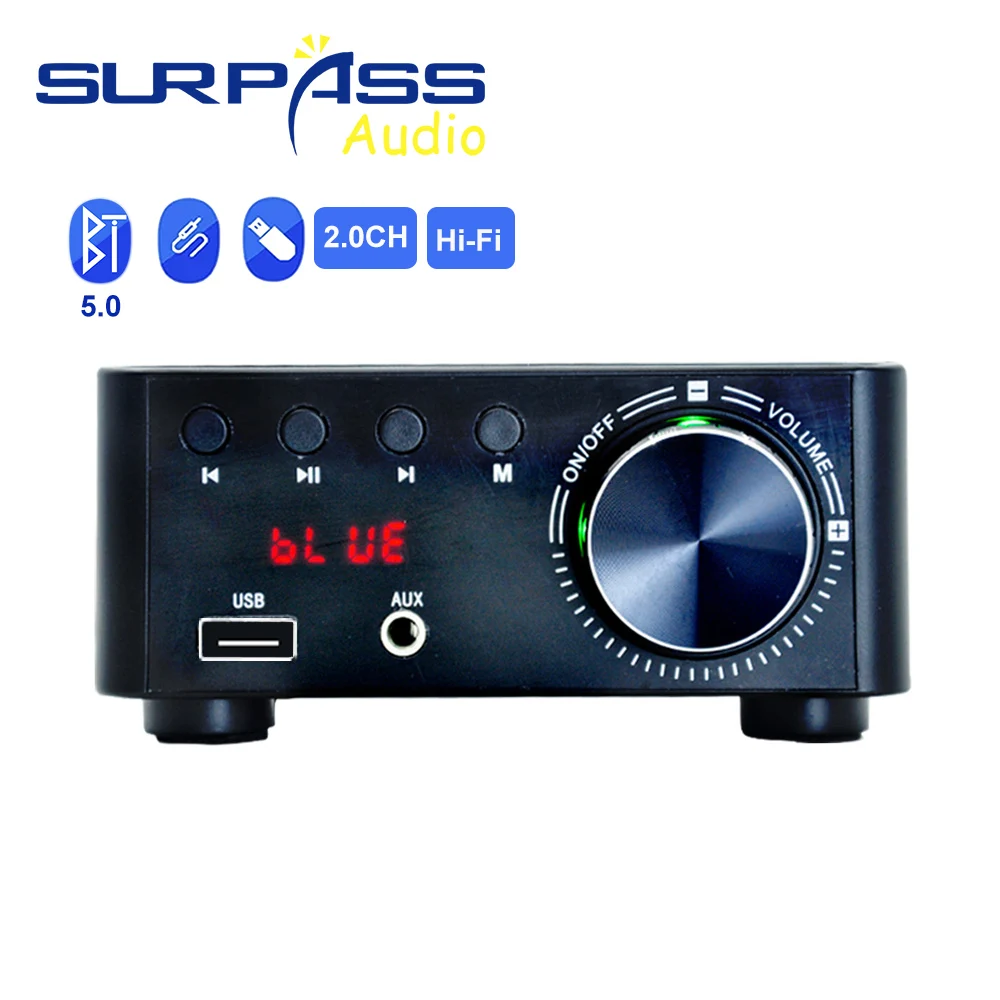Class D Digital Power Audio Amplifier Bluetooth 5.0 50Wx2 Mini HiFi Stereo Sound Desktop Amp for Speaker AUX USB TF Card Player