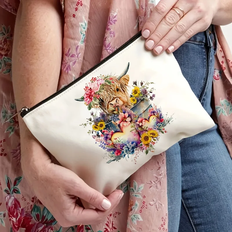 1pc Highland Cow Cosmetic Bag Stylish Floral Design Durable Makeup Organizer Ideal Travel Toiletry Tote Womens Cosmetic Pouch 2