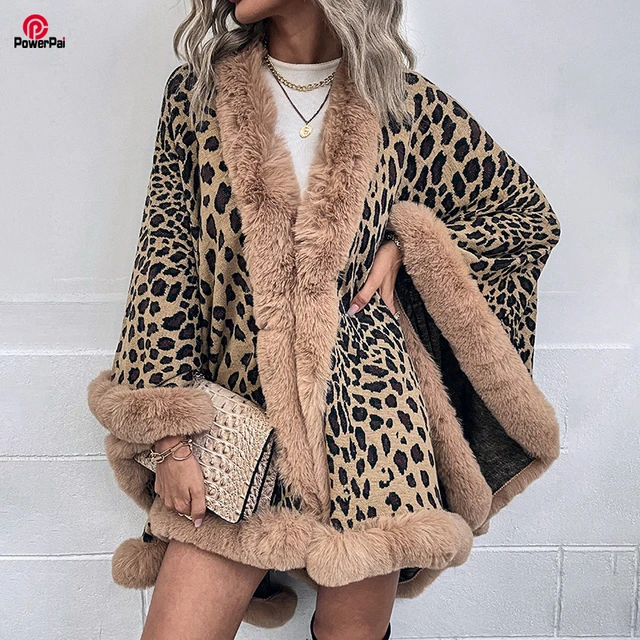 Classic Fashion Leopard Jacquard Full Trim Faux Fur Cape Coat