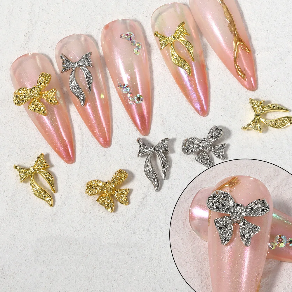

20pcs Alloy Bowknot Nail Art Charms 3D Japanese Gold/Silver Metal Bows Ribbon Nail Decoration Glitter Manicure Accessories