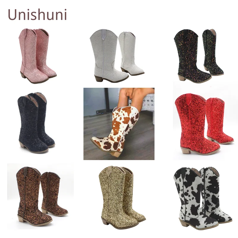 Unishuni Spring Autumn Boots for Girls Children High Heel Bling Glitter Boot Knee High Western Cowboy Boot with Zip Fashion Shoe