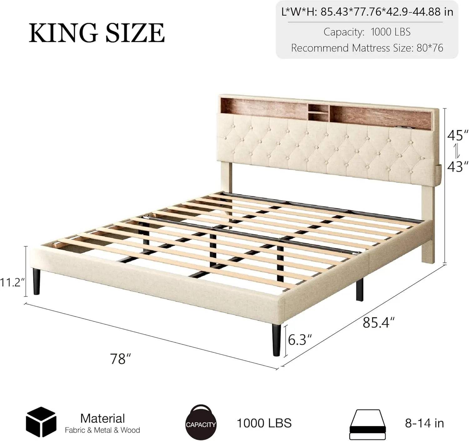 

King Size Bed Frame-Heavy Duty Wooden Platform Bed with Storage & Adjustable Headboard, Built in Charging Station