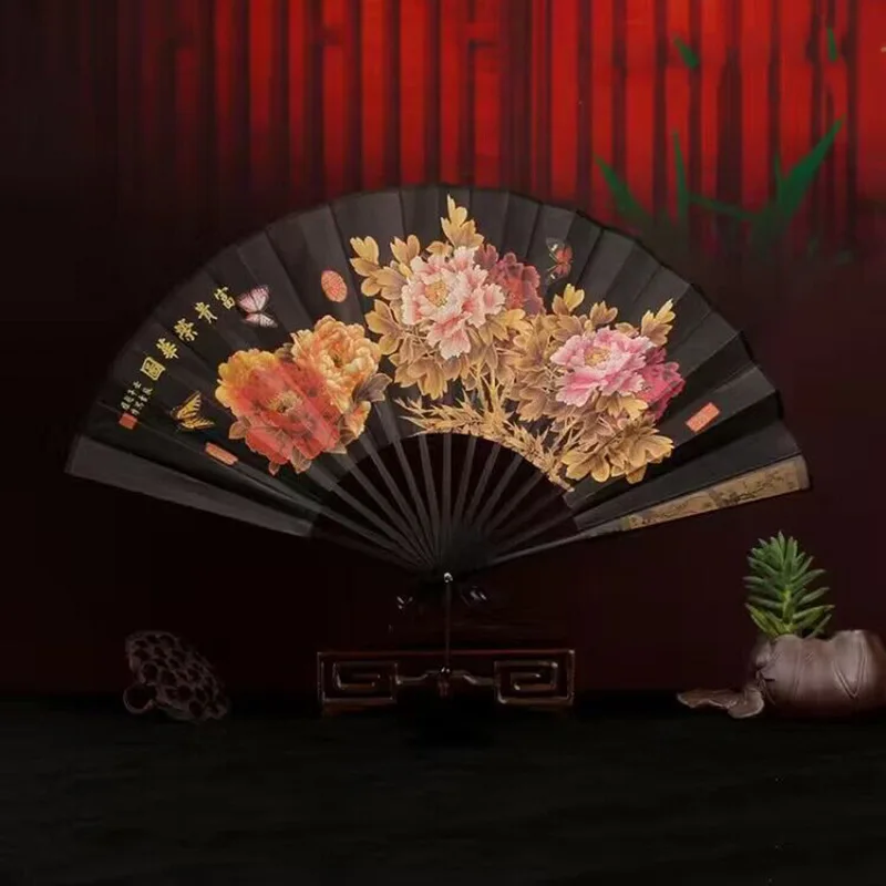 Portable Fan Folding Fan Hand Fan Retro style men's big folding fan with fan tassel Portable daily decorative hand Laser engraving bone Durable