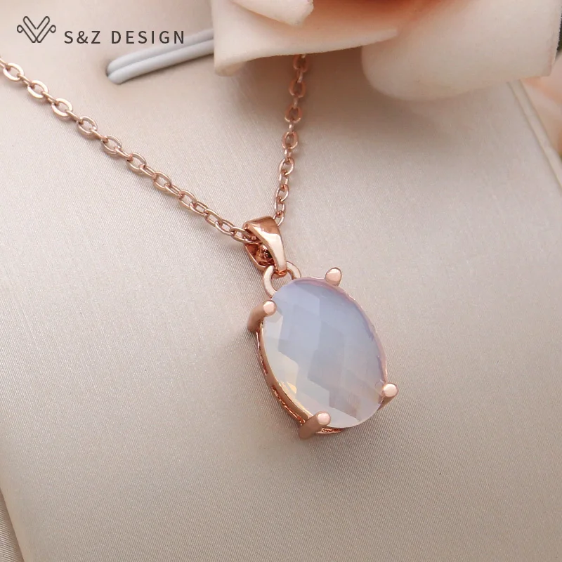 S&Z DESIGN New Fashion Oval Egg Shape Crystal 585 Rose Gold Color Pendant Necklace For Women Wedding Romantic Jewelry Gift