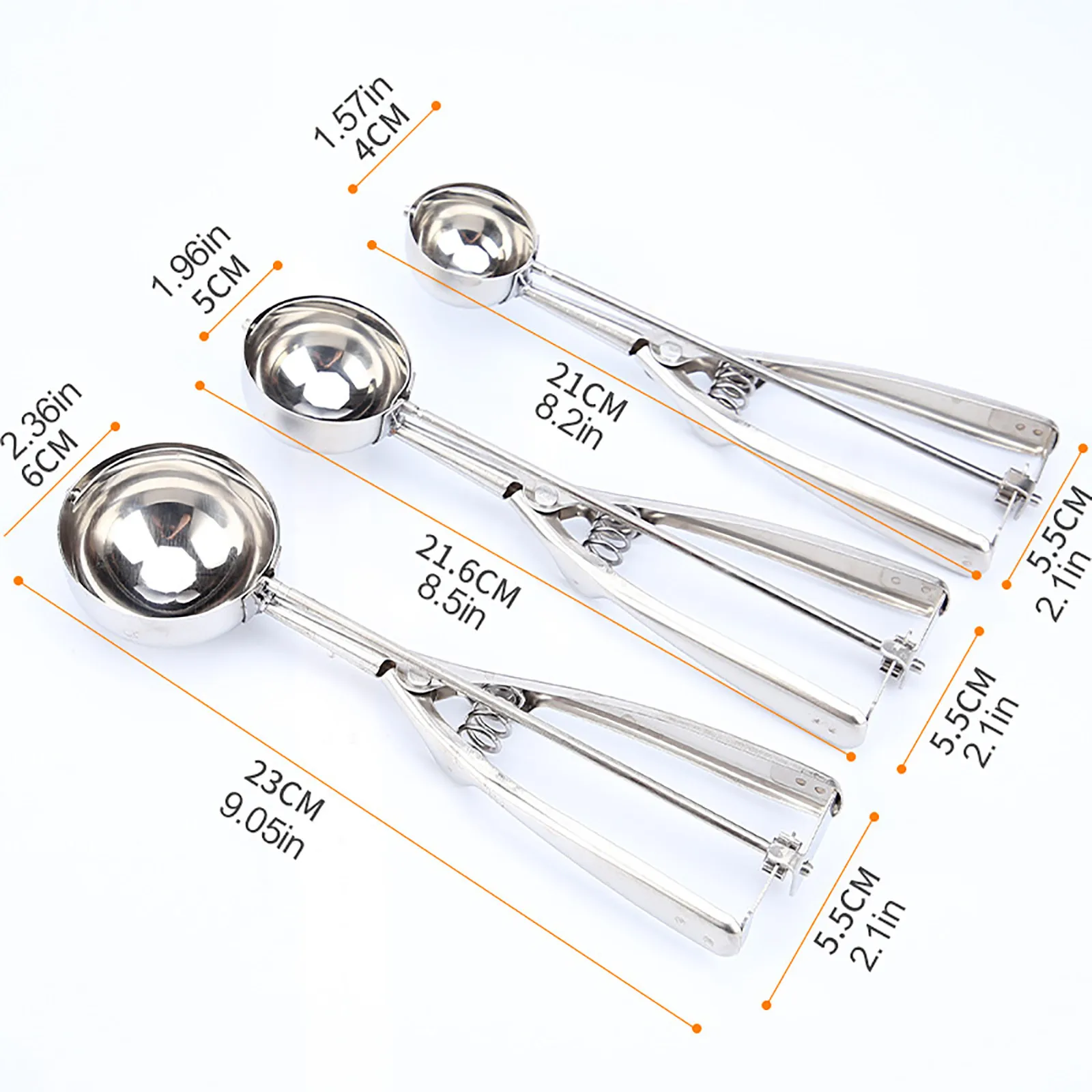 Ice Cream Scoop 3 Size Trigger Metal Cookie Spoon Melon Baller Stainless Steel Dough Spoon Scooper