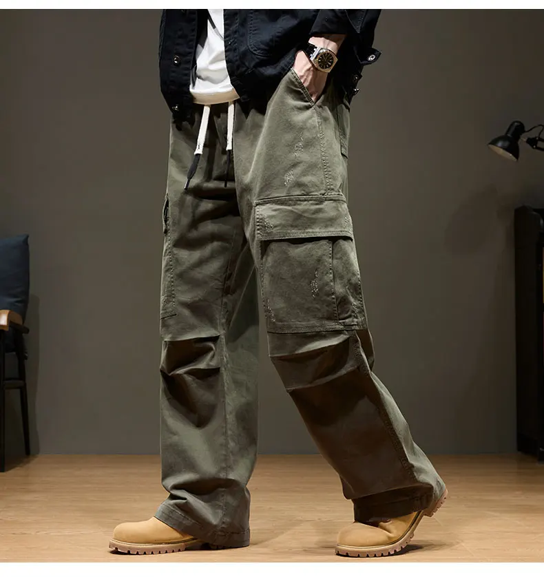 Men's Baggy Cargo Pants with Pockets 100% Cotton Drawstring Elastic Waist Wide Leg Outdoor Casual Pants Plus Size 8XL Se4fb24bbb51c48bda6d9061704e8b9eds