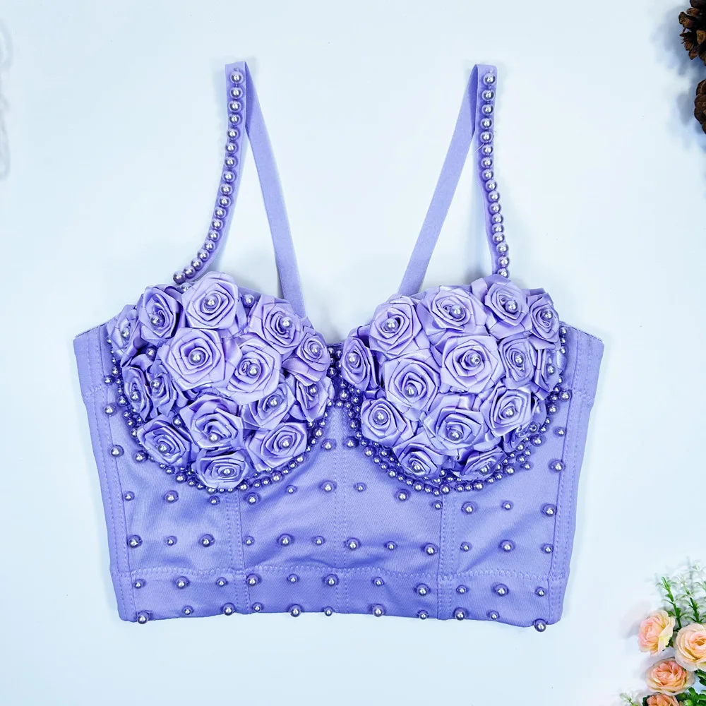 

Rose Flower Beaded Camisole Short Slim Top Top Fresh and Sweet Girlish Style Corset Bra Outer Wear Beach Dance Shooting Gothic
