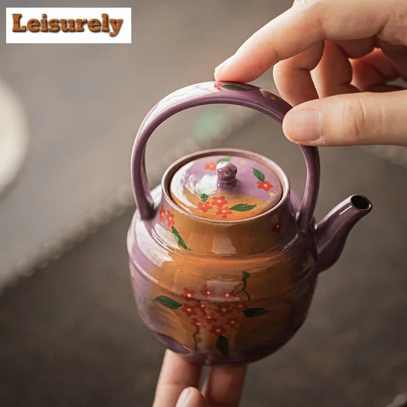 150ml Powder Yin Lilac Purple Hand Drawn Flower Lifting Handle Teapot Japanese Tea Infuser Pot Tea Maker Kettle With Filter Gift