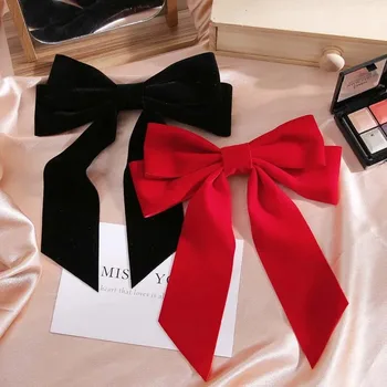 여성용 블랙 레드 로즈 빅 벨벳 활, 빈티지 웨딩 롱 리본, 패티 헤어 핀 바렛 패션 헤어 액세서리 상품 이미지