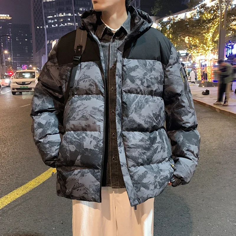 

2023 Winter Camouflage Color Blocking Hooded Cotton Jacket Casual Loose Work Jacket Oversized Down Jacket Korean Men's Clothing