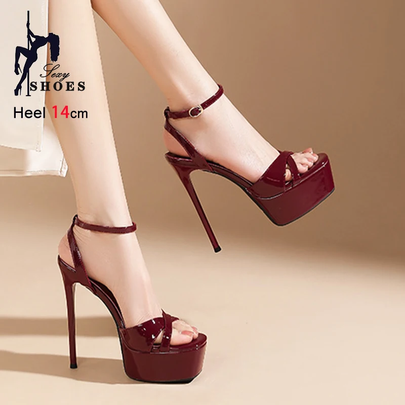 Wine red Hollow Out Design Party Sandals 14CM Fashion Model T Show Shoes Women Thin High Heels Summer Platform Square Toe Sandal
