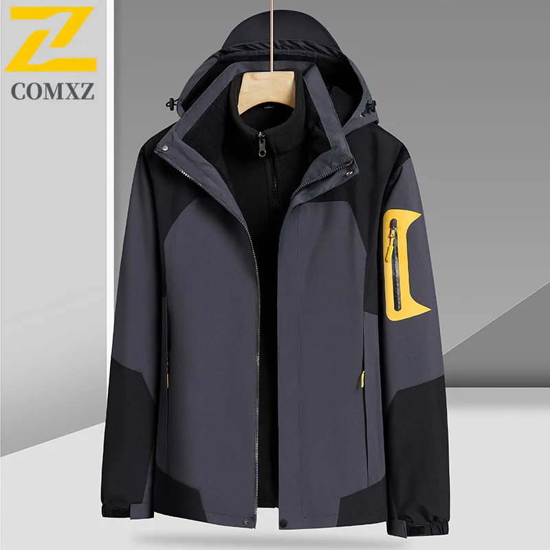 Winter 3-in-1 Detachable Men's Thermal Jacket  Lined Waterproof Windproof Hiking Coat with Hood Outdoor Camping  Fishing Parka