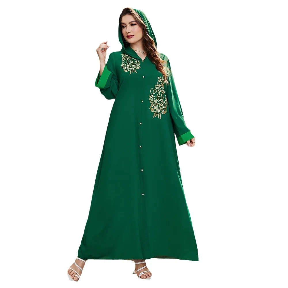 Muslim Abaya For Women Dubai Saudi Djellaba Green Hooded Women Robe V-neck Embroidery Autumn Moroccan Caftan Women Clothing