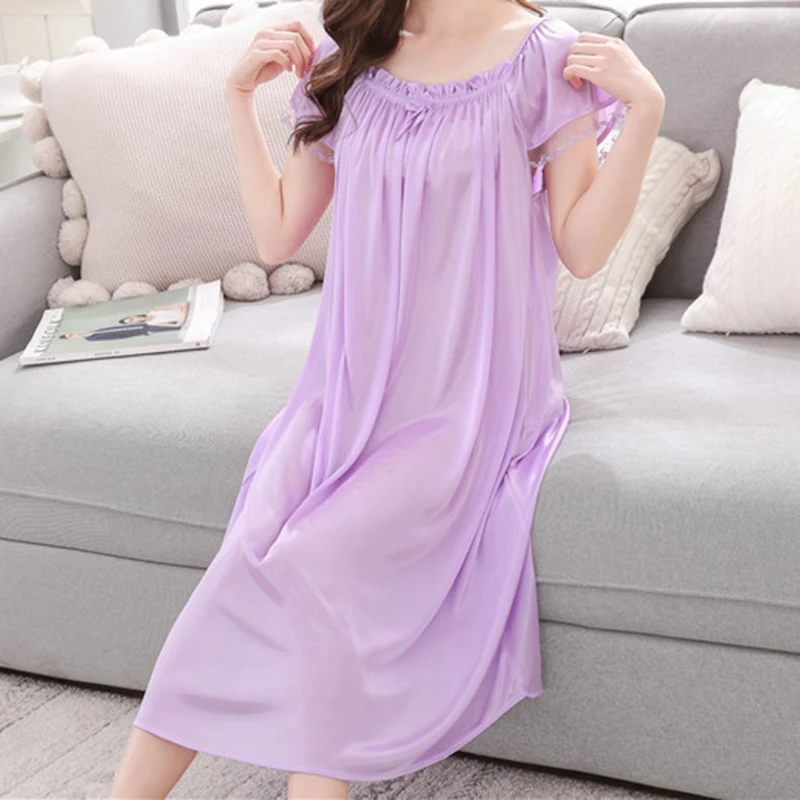 Women Night Gowns Sleepwear Lace Patchwork Nightwear Long Sleeping Dress Casual Ladies Home Dressing