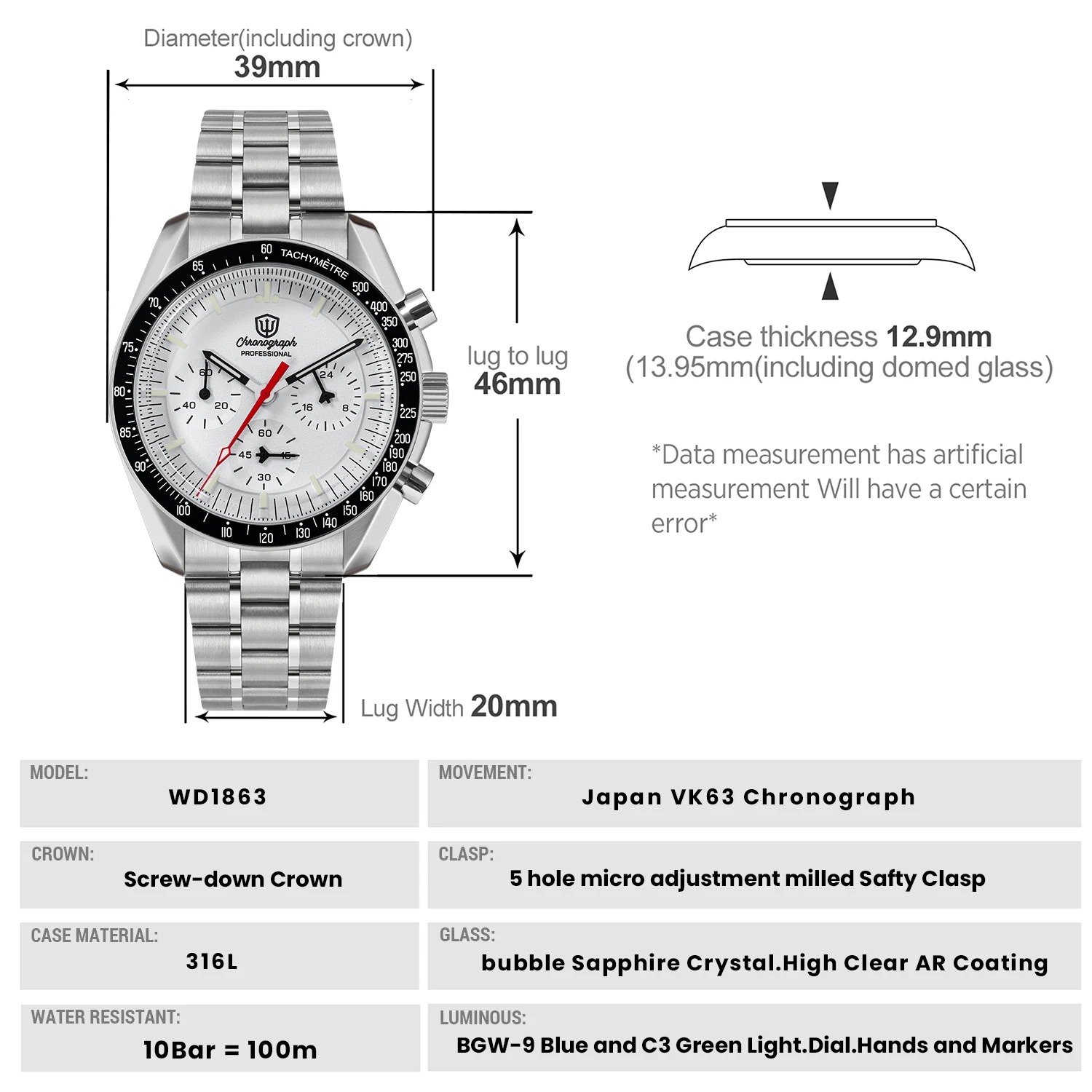 Watchdives New 39mm WD1863 Watch VK63 Chronograph Movement