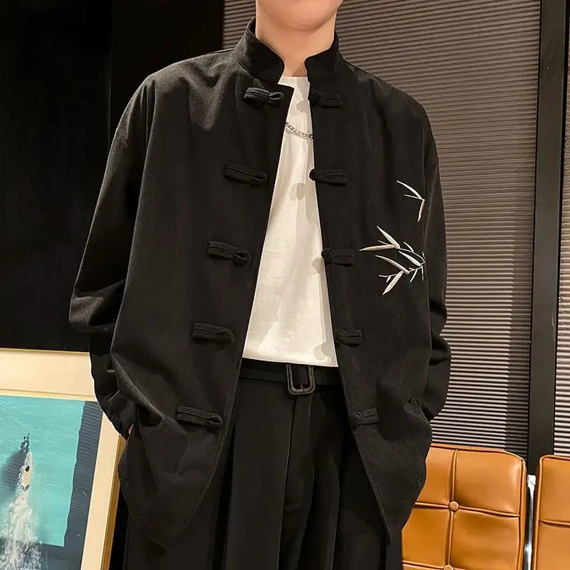 Chinese Style Stand Collar Hand Buttoned Bamboo Embroidered Long Sleeved Tang Suit Top Shirt Men's Autumn Casual Jacket