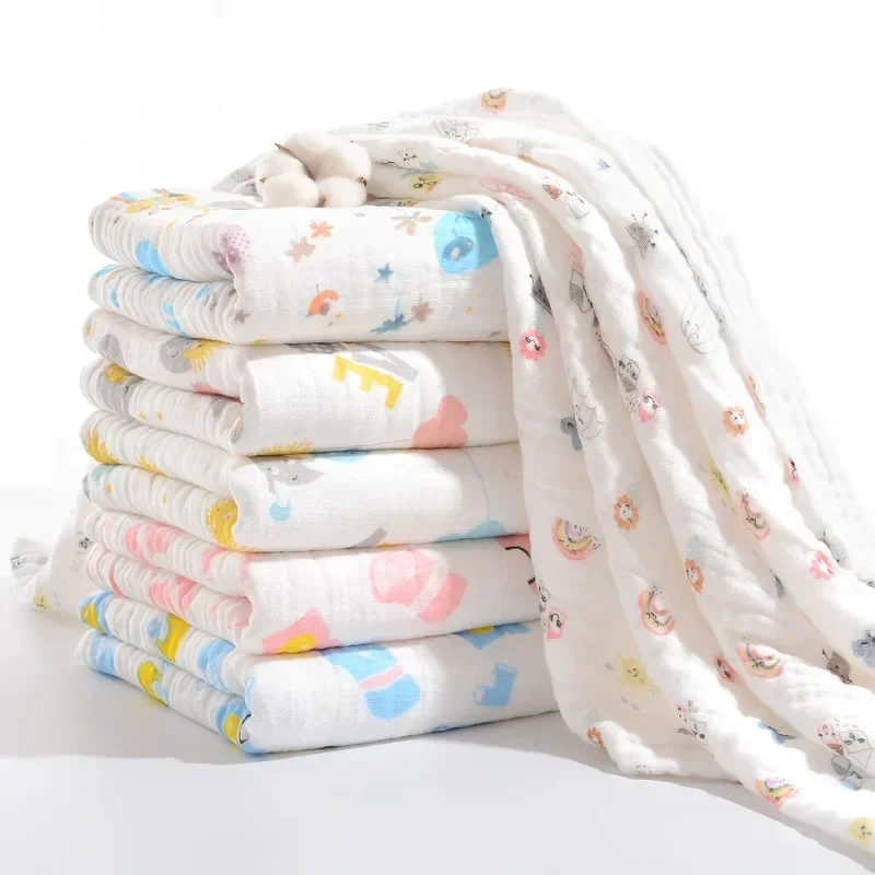 Baby Blankets 6 Layers 100% Cotton Gauze Breathable Infant Wrap Soft Absorbent Newborn Swaddle Blankets Cartoon Baby Bath Towel 4