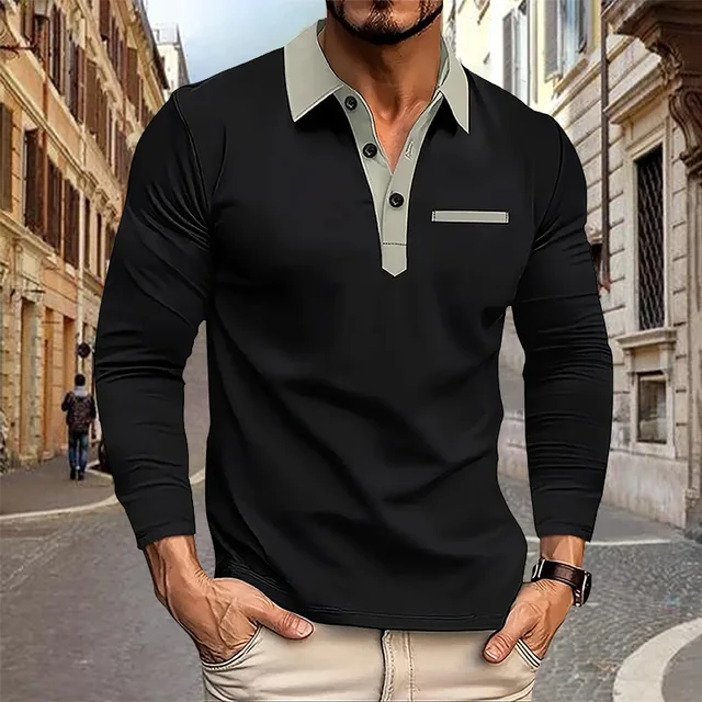 Spring and Autumn Men's Long sleeved Polo Shirt business casual Fashion Classic lapel neck Shirt European and American plus size 2