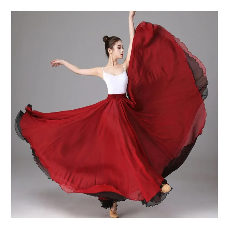 

Women's Classical Chinese Ethnic Dance Training Dress Table Performance Stage Chiffon Material Elastic Waist Large Swing Skirt