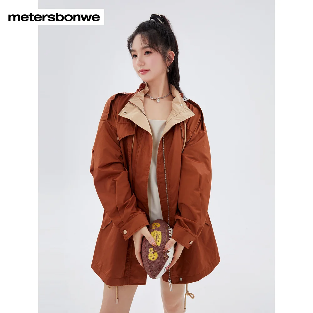 Metersbonwe Women Casual Jacket Spring Fall New Stand-up Collar Mid-length Coat Ladies Outerwear Fashion Brand Tops