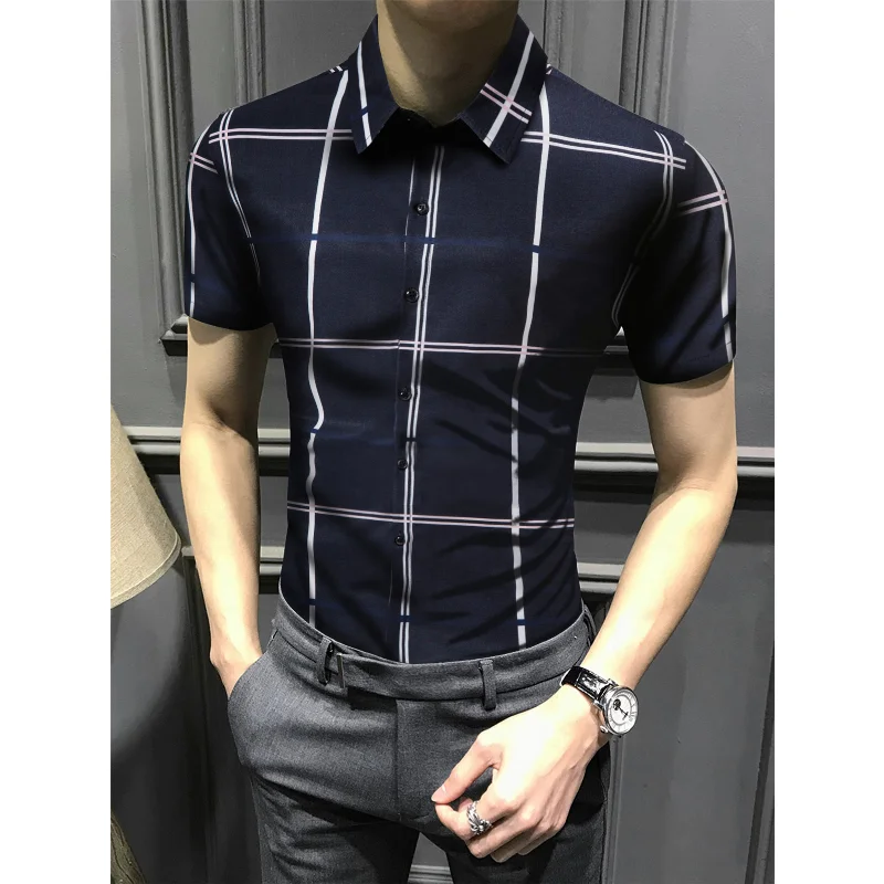 

2023 Spring And Summer New Men's Short Sleeve Plaid Shirt Daily Casual Slim Fit High Quality Shirts T-shirt Turn-down Collar
