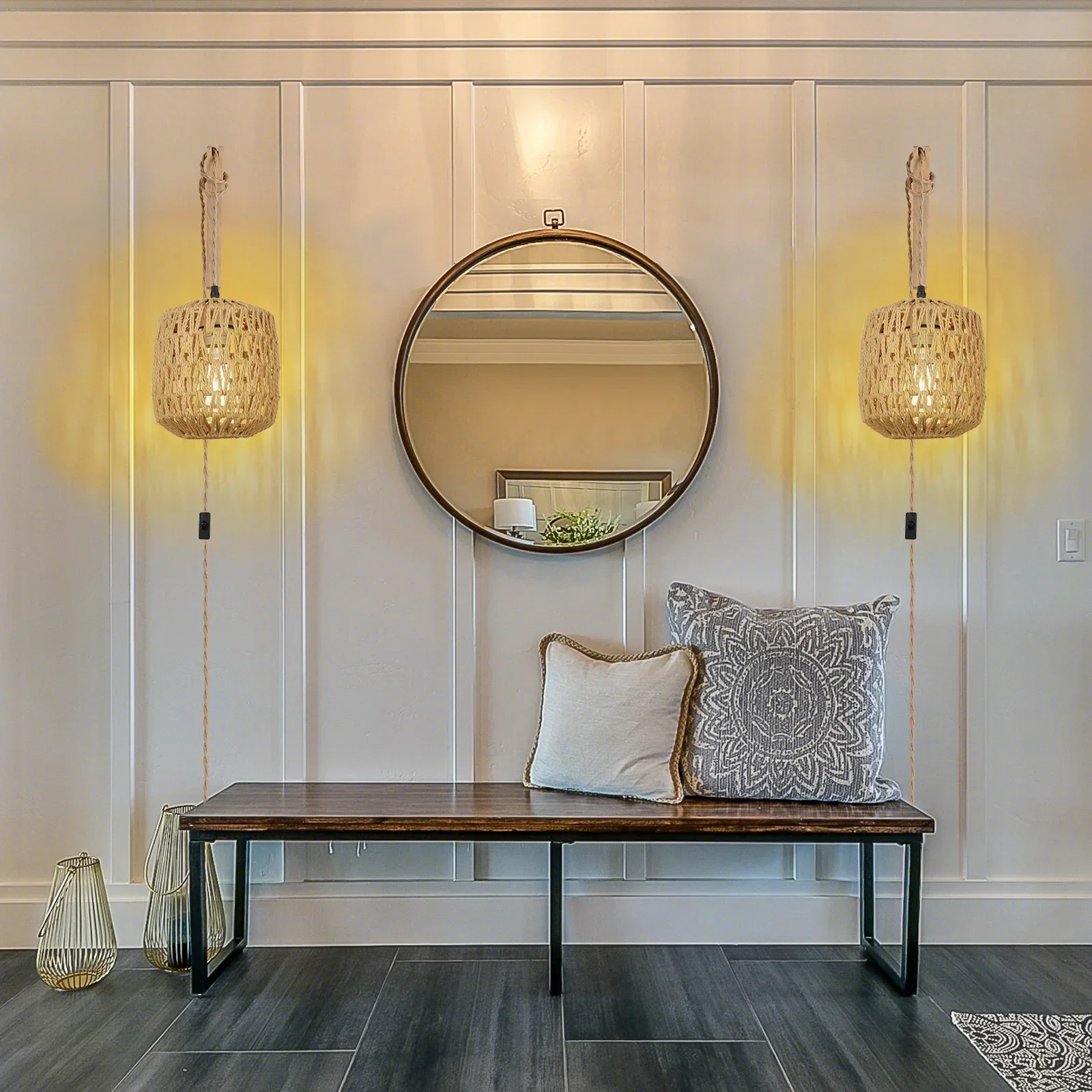 مصباح حائط منسوج من الراتان LED ، مصابيح بجانب الس...