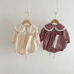 New Arrivel Baby Spring Cotton Floral Princess Romper + Hat 2 Pieces Suit Girl Lace Lapel Jumpsuit Kids Autumn Bodyuit Clothes