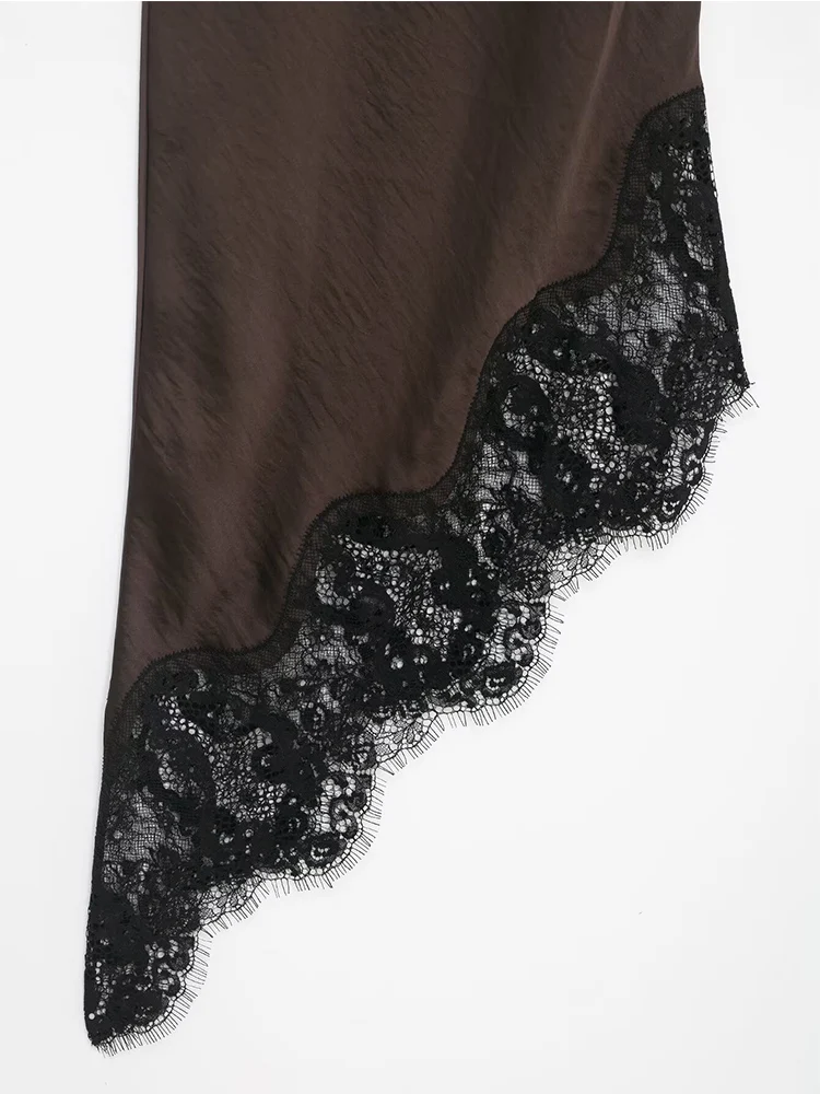 2026 New Women Satin Sling Dress Chic Lace Patchwork Backless V-neck Sleeveless Irregular Midi Dress Fashion Ladies Streetwear