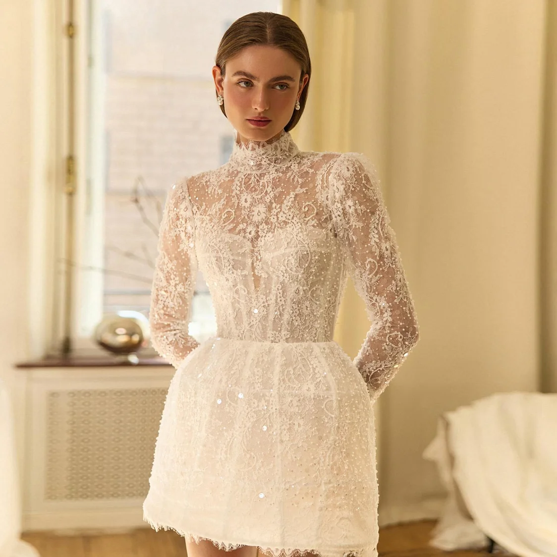 Charming Lace Beaded With Sequin Short Wedding Dress High Neck Lone Sleeves Bridal Gown Buttons Back robe de mariée For Bride