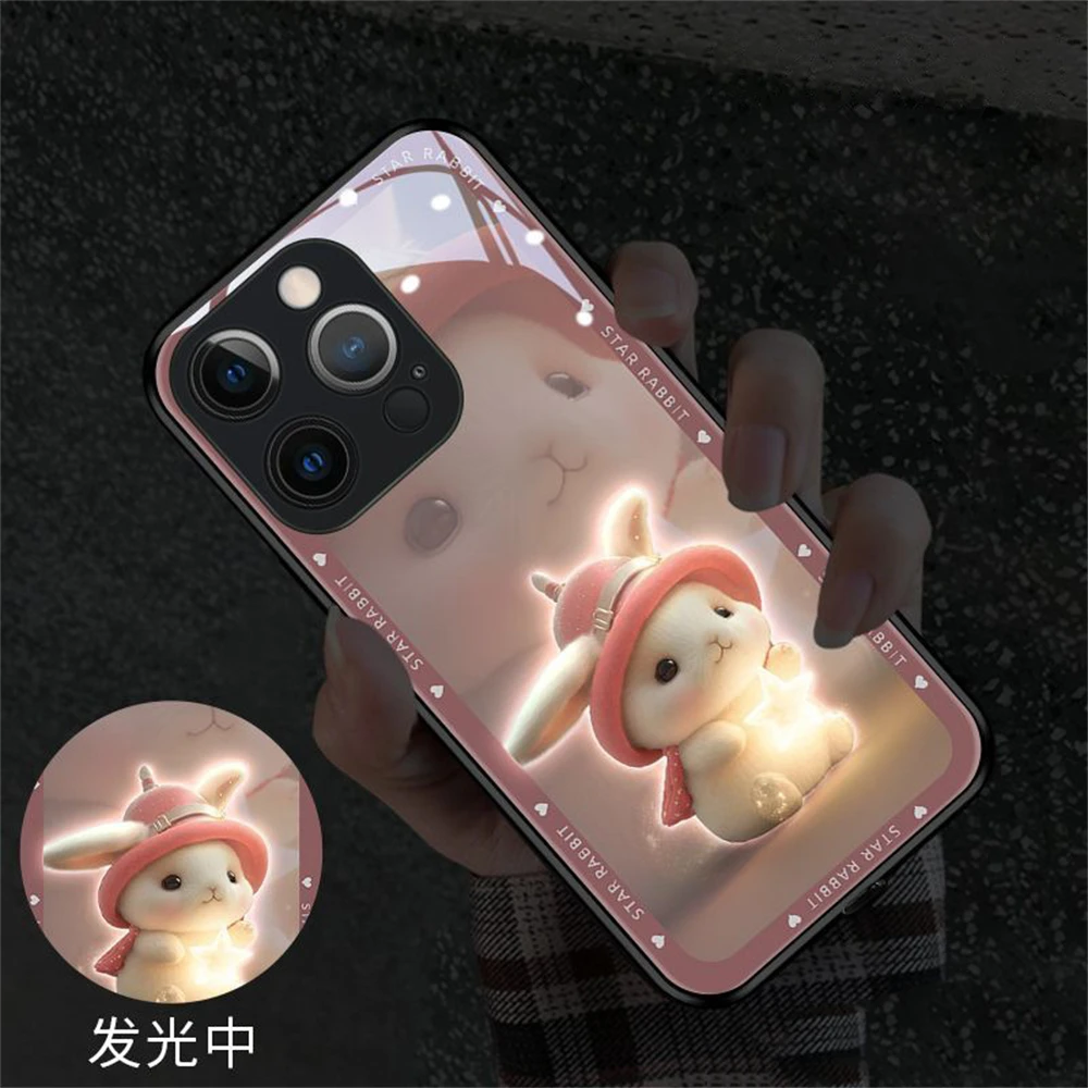Star Rabbit LED Light Glowing Luminous Tempered Glass Back Phone Case For Samsung S23 S22 S21 S20 FE Note 10 20 Plus Ultra A54
