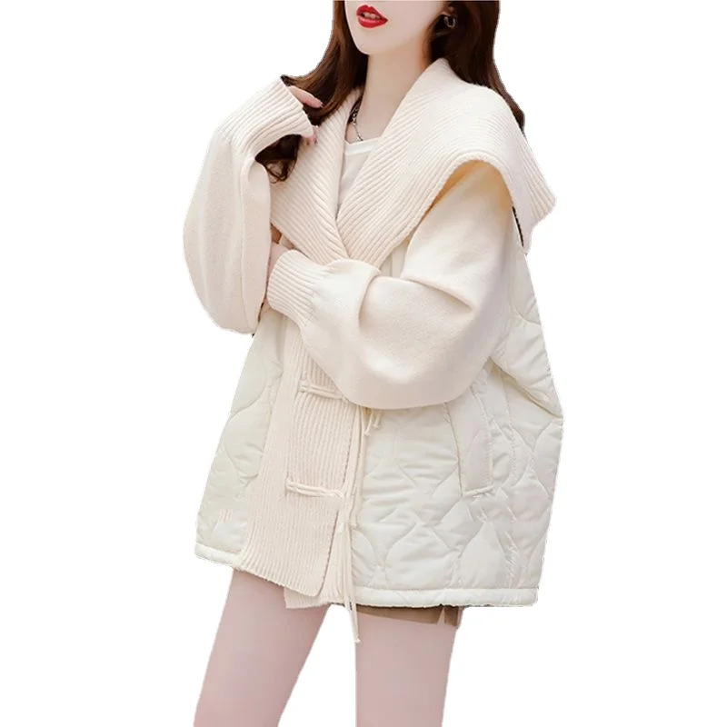 

Knitted Cardigan New Navy Collar Cotton Clothing Splicing Sweater Thickened Outering Lax Knit Cardigan Coat Sandwich Cotton