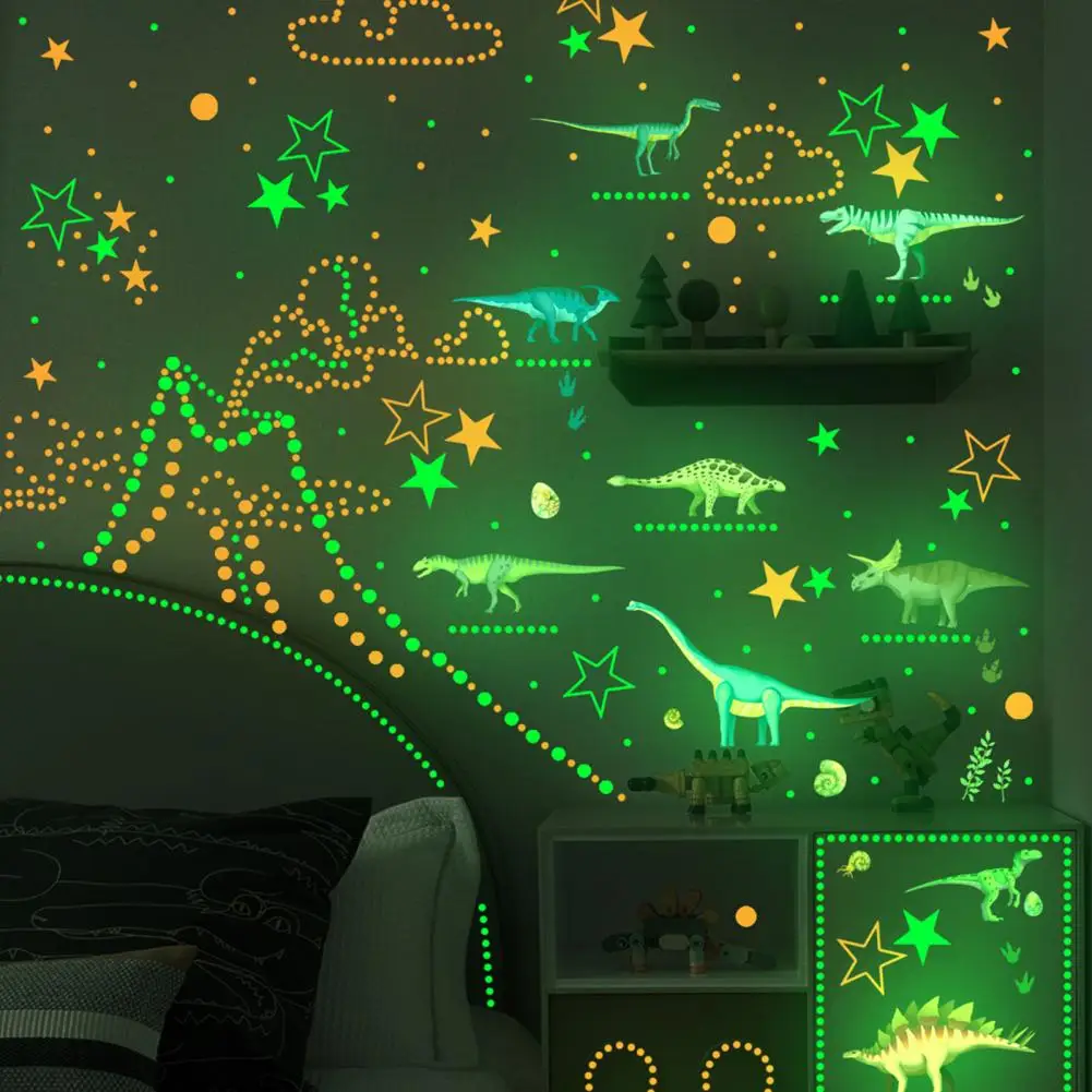 Night Glowing Wall Stickers Glow-in-the-dark Cartoon Dinosaur Stickers Wall Decor for Baby Kids Room Bedroom Home Fun Magical
