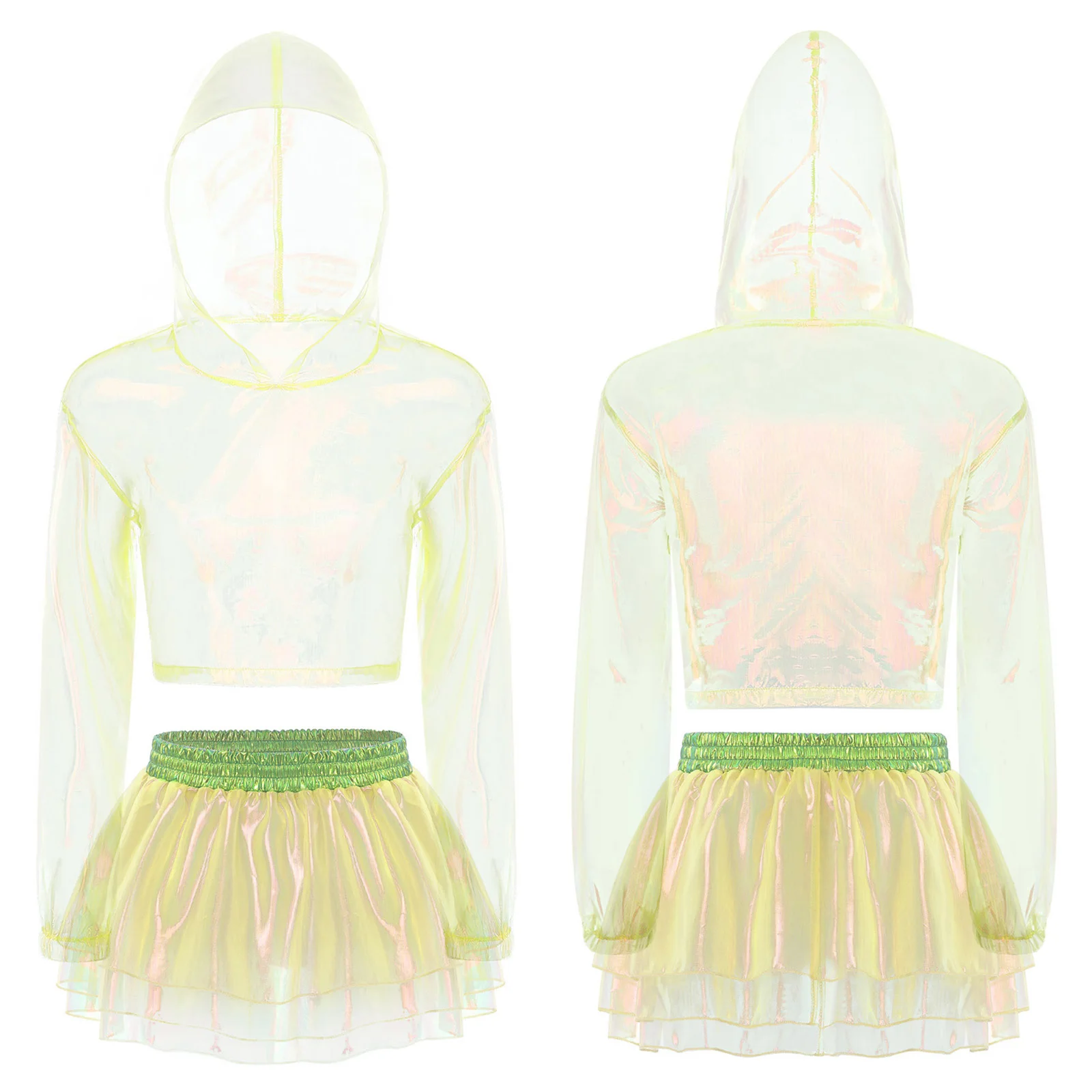 Womens Transparent Shiny Metallic Rave Outfits Long Sleeve Hooded Crop Top with Tiered Ruffled Mini Skirt for Night Club Party