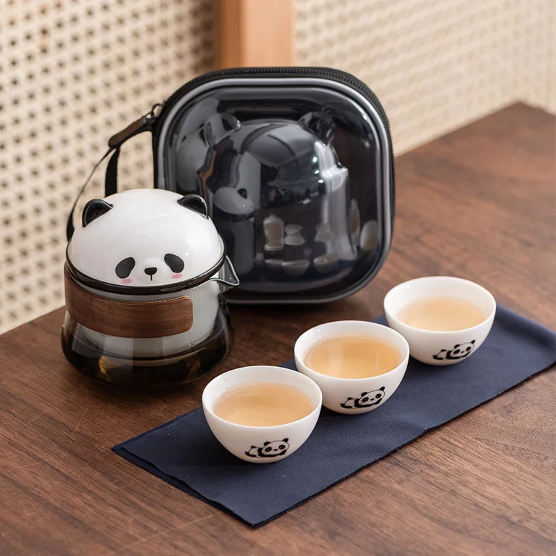 

Panda Travel Tea Set Glass Outdoor One Pot Three Cups Ceramic Quick Cup Gift Logo Business Companion Gift